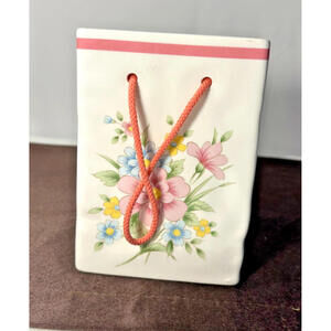 Vintage FTDA 1986 Floral Ceramic Gift Bag Vase Japan Pastel Planter